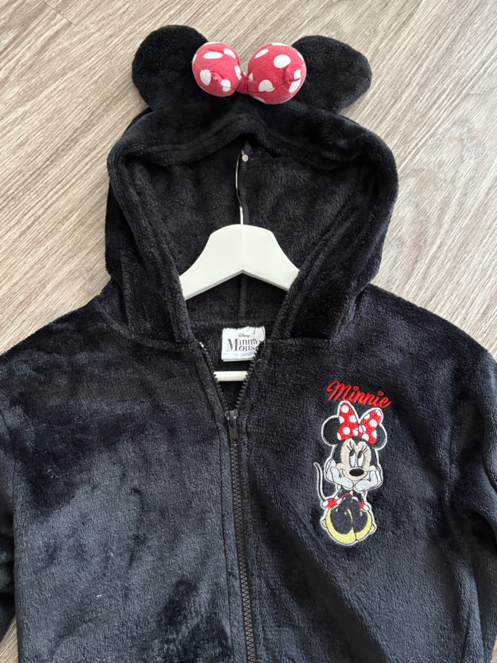 Disney Minnie Mouse Black Plush Zip Hoodie with Red Accent